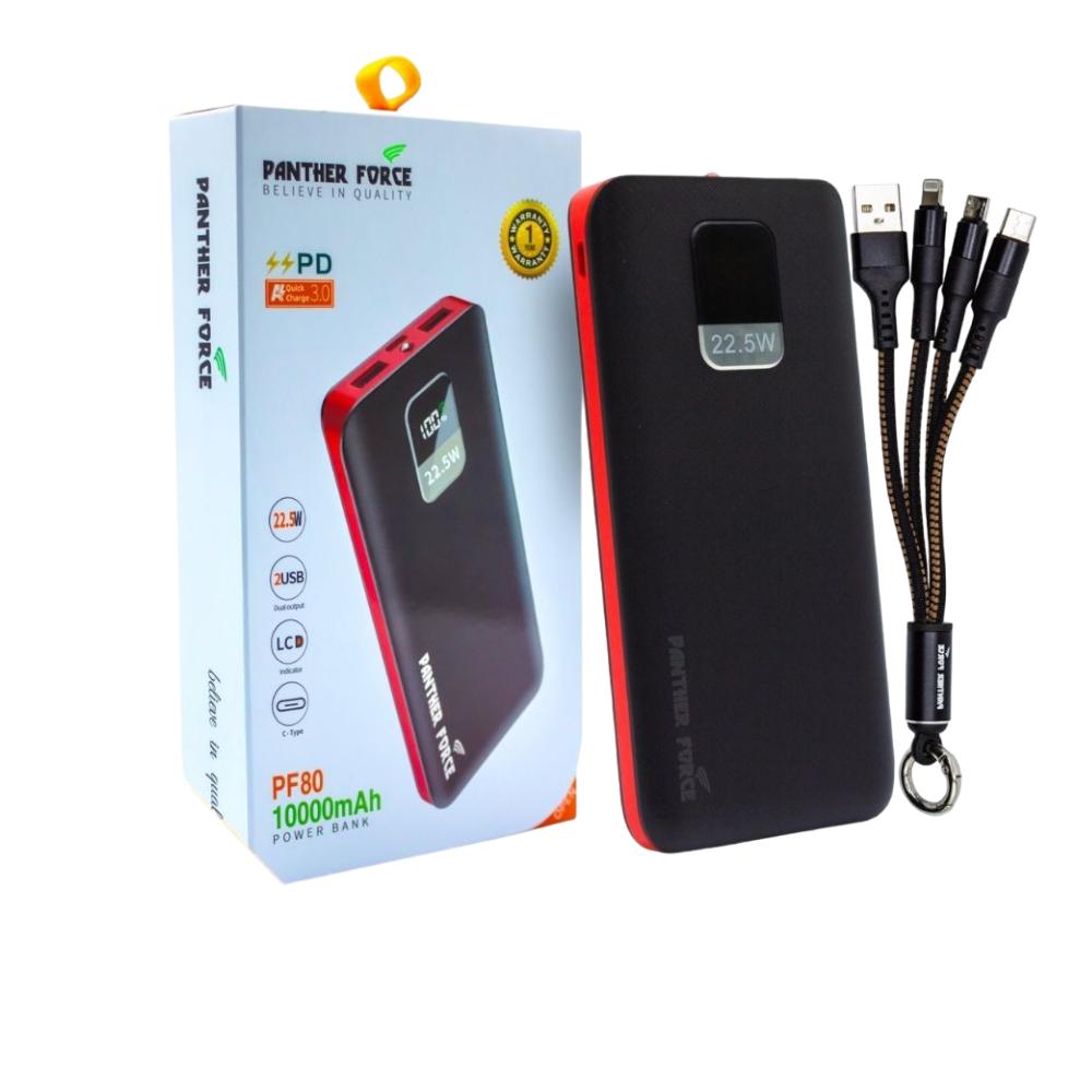 Panther Force PD3.0 10000mAh Power Bank - PF80 | Fast Charging, Dual Output Ports, Compact & Portable, Smart Protection Features Panther Force PD3.0 10000mAh Power Bank - PF80 | Fast Charging, Dual Output Ports, Compact & Portable, Smart Protection Features